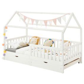 Lit cabane NUNA lit enfant simple montessori en bois 90 x 190 cm, avec rangement 2 tiroirs, en pin massif lasuré blanc