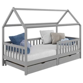 Lit cabane NUNA lit enfant simple montessori en bois 90 x 190 cm, avec rangement 2 tiroirs, en pin massif lasuré gris