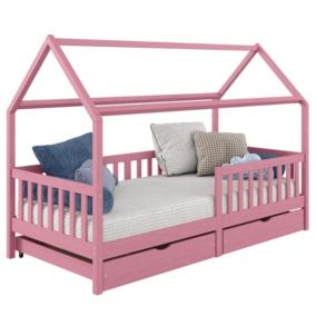 Lit cabane NUNA lit enfant simple montessori en bois 90 x 190 cm, avec rangement 2 tiroirs, en pin massif lasuré rose