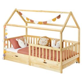 Lit cabane NUNA lit enfant simple montessori en bois 90 x 200 cm, avec rangement 2 tiroirs, en pin massif à la finition naturelle