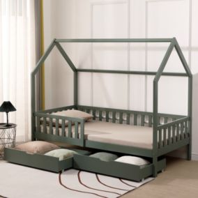 Lit cabane pour enfant 190x90cm vert avec tiroirs MARCEAU - Happy Garden