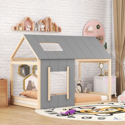 Lit cabane pour enfant 90x200 cm, lit simple au sol avec toit et fenêtre, Design ludique et sécurisé, bois naturel et gris