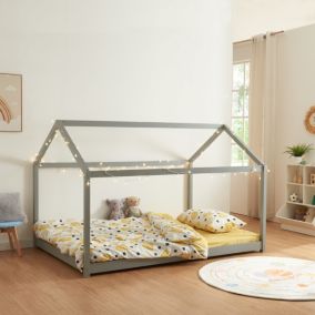 Lit cabane pour enfant Cerro bois de pin contreplaqué 140 x 200 cm gris en.casa