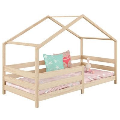 Lit cabane RENA lit simple montessori pour enfant 90 x 190 cm, avec barrières de protection, en pin massif à la finition naturelle