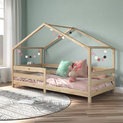 Lit cabane RENA lit simple montessori pour enfant 90 x 190 cm, avec barrières de protection, en pin massif à la finition naturelle