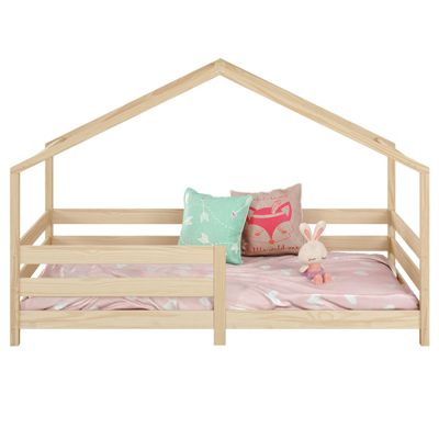 Lit cabane RENA lit simple montessori pour enfant 90 x 190 cm, avec barrières de protection, en pin massif à la finition naturelle