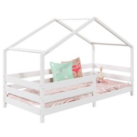 Lit cabane RENA lit simple montessori pour enfant 90 x 190 cm, avec barrières de protection, en pin massif lasuré blanc