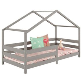 Lit cabane RENA lit simple montessori pour enfant 90 x 190 cm, avec barrières de protection, en pin massif lasuré gris