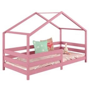 Lit cabane RENA lit simple montessori pour enfant 90 x 190 cm, avec barrières de protection, en pin massif lasuré rose