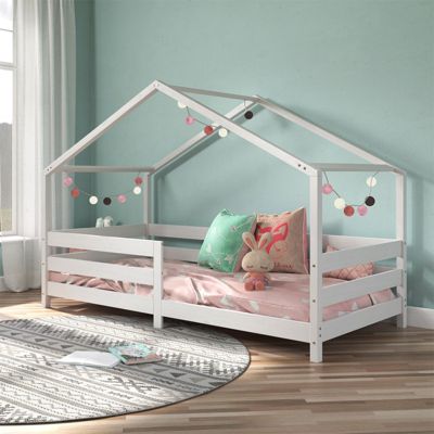 Lit cabane RENA lit simple montessori pour enfant 90 x 200 cm, avec barrières de protection, en pin massif lasuré blanc