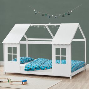 Lit cabane Tostedt pour enfant forme maison bois de pin 120 x 200 cm blanc en.casa