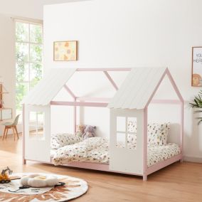 Lit cabane Tostedt pour enfant forme maison bois de pin 120 x 200 cm rose blanc en.casa