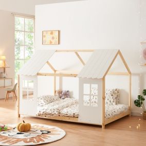 Lit cabane Tostedt pour enfant forme maison bois de pin 140 x 200 cm naturel blanc en.casa