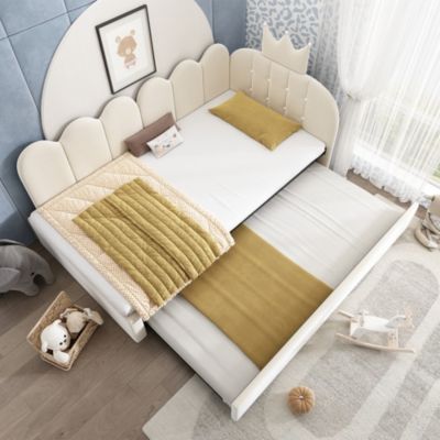 Lit canapé 90x200 cm avec lit gigogne 90x190 cm en forme L, velours beige, pour enfant