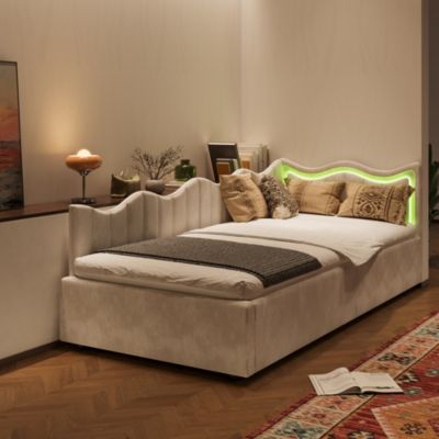 Lit canapé 90x200 cm, capitonné, LED 7 couleurs, rangement, sommier lattes renforcées, cadre bois pin, Velours, Beige