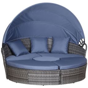 Lit canapé de jardin modulable grand confort - pare-soleil pliable, 5 coussins, 3 oreillers - résine tressée grise polyester bleu