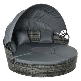 Lit canapé de jardin modulable grand confort - pare-soleil pliable, 5 coussins, 3 oreillers - résine tressée polyester gris