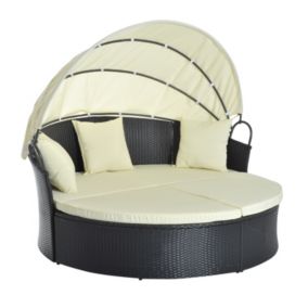 Lit canapé de jardin modulable - pare-soleil pliable intégré, 4 coussins, 3 oreillers - métal résine tressée polyester noir beige