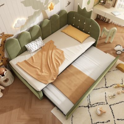 Lit canapé extensible 90x200 cm avec lit gigogne 90x190 cm, velours vert, forme L, pour enfant