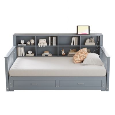 Lit canapé extensible bois massif 90 180 par 190 cm rangement prise deux tiroirs sommier multifonction pin gris 1