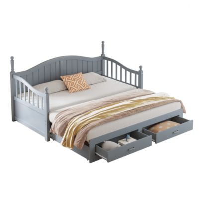 Lit canapé extensible pin 90 190 par 180 190 colonnes dossier accoudoirs tiroirs sommier multifonction gris