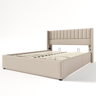Lit capitonné,160 x 200 cm, avec sommier à lattes hydraulique, avec espace de rangement,beige