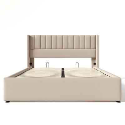 Lit capitonné,160 x 200 cm, avec sommier à lattes hydraulique, avec espace de rangement,beige