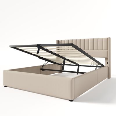 Lit capitonné,160 x 200 cm, avec sommier à lattes hydraulique, avec espace de rangement,beige