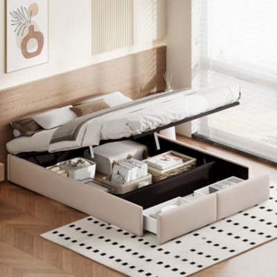 Lit Capitonné 160 X 200 Cm, Plate-forme Avec 2 Tiroir, Sans Tête De Lit, Beige