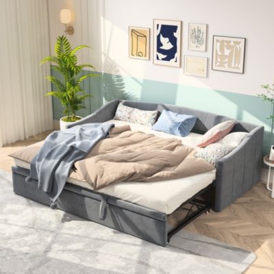 Lit capitonné 90/180x200 cm, canapé-lit convertible, sommier à lattes, extensible, Velours, Gris
