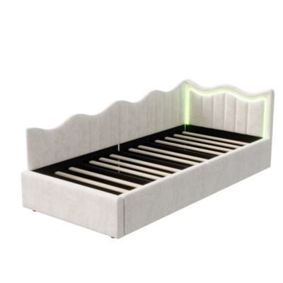 Lit Capitonné 90x200cm, Canapé-lit Coffre Avec Éclairage LED Et Sommier à Lattes, Velours, Beige