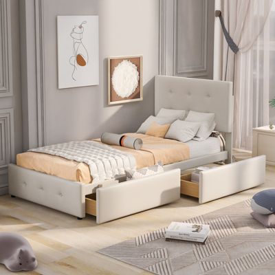 Lit capitonne 90 x 200 cm - avec 2 tiroirs, sommier à lattes et tête de lit relevable, tissu velours, style scandinave - Beige