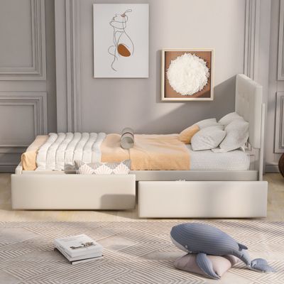 Lit capitonne 90 x 200 cm - avec 2 tiroirs, sommier à lattes et tête de lit relevable, tissu velours, style scandinave - Beige