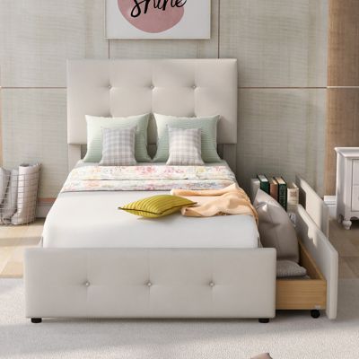 Lit capitonne 90 x 200 cm - avec 2 tiroirs, sommier à lattes et tête de lit relevable, tissu velours, style scandinave - Beige