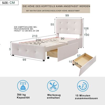 Lit capitonne 90 x 200 cm - avec 2 tiroirs, sommier à lattes et tête de lit relevable, tissu velours, style scandinave - Beige