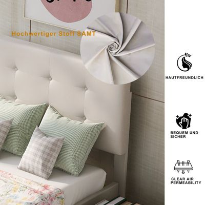 Lit capitonne 90 x 200 cm - avec 2 tiroirs, sommier à lattes et tête de lit relevable, tissu velours, style scandinave - Beige