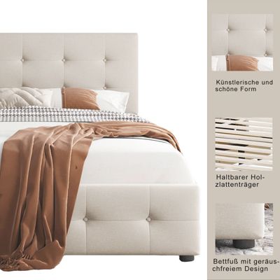 Lit capitonne 90 x 200 cm - avec 2 tiroirs, sommier à lattes et tête de lit relevable, tissu velours, style scandinave - Beige