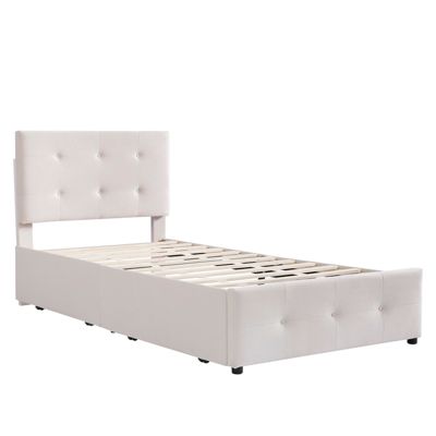 Lit capitonne 90 x 200 cm - avec 2 tiroirs, sommier à lattes et tête de lit relevable, tissu velours, style scandinave - Beige