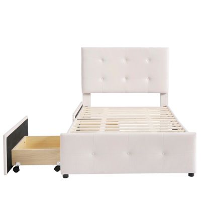 Lit capitonne 90 x 200 cm - avec 2 tiroirs, sommier à lattes et tête de lit relevable, tissu velours, style scandinave - Beige