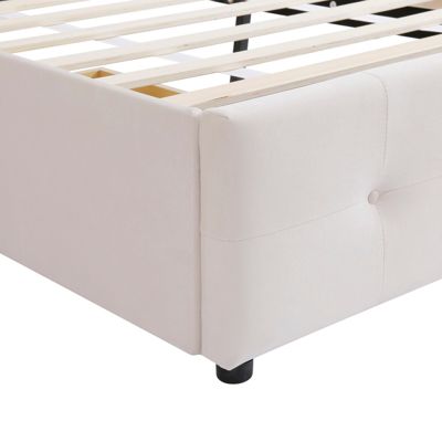 Lit capitonne 90 x 200 cm - avec 2 tiroirs, sommier à lattes et tête de lit relevable, tissu velours, style scandinave - Beige