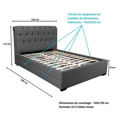 Lit CHELSEA 140x190+ 4 tiroirs + sommier / Gris foncé