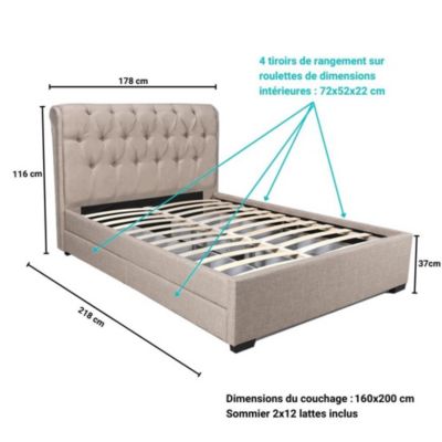Lit CHELSEA 160x200 + 4 tiroirs + sommier / Beige