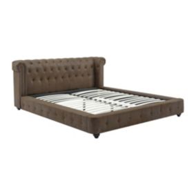 Lit chesterfield 160 x 200 cm - Tissu effet cuir vieilli - Marron - TONGERLA