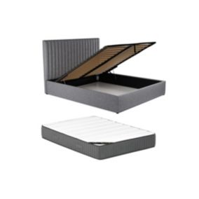 Lit coffre 140 x 190 cm avec tête de lit coutures verticales - Tissu - Gris + Matelas - SARAH