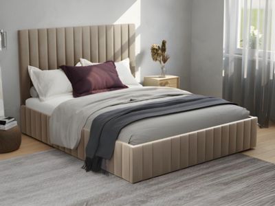 Lit coffre 140 x 190 cm avec tête de lit coutures verticales - Velours - Taupe + Matelas - LARALI de Pascal Morabito
