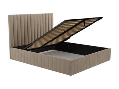 Lit coffre 140 x 190 cm avec tête de lit coutures verticales - Velours - Taupe + Matelas - LARALI de Pascal Morabito