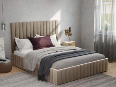 Lit coffre 140 x 190 cm avec tête de lit coutures verticales - Velours - Taupe + Matelas - LARALI de Pascal Morabito