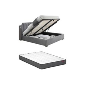 Lit coffre 140 x 190 cm avec tête de lit incurvée - Velours - Gris clair + Matelas - TEOMIS