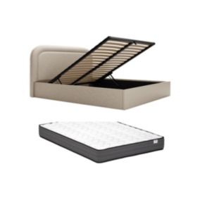 Lit coffre 140 x 190 cm - Tissu chiné - Beige + Matelas - FIREZA