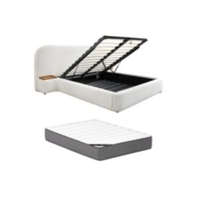 Lit coffre 140 x 200 cm avec chevets - Tissu bouclette - Blanc + Matelas - ESTERIA de Maison Céphy